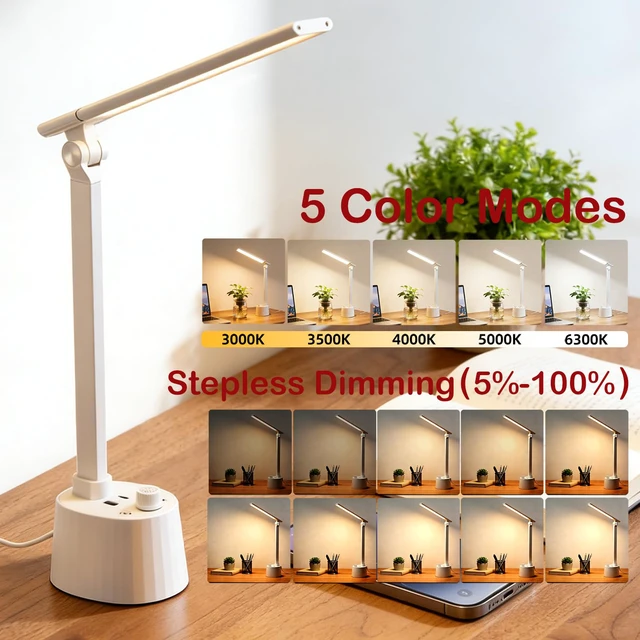Alt view image 2 of 7 - Small Desk Lamp with USB C Charging Port 5 Colors Stepless Dim White Reading Light Space-Saving Rotating Head Desk Lamp for Home Office College Dorm Room Bedside Table Bedroom
