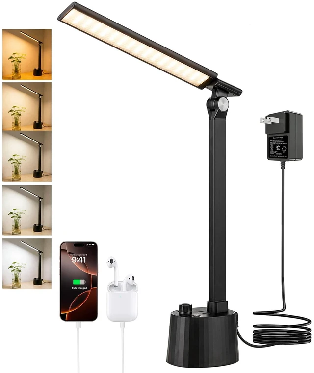 Main image of BOHON Small Desk Lamp with USB C Charging Port 5 Colors Stepless Dim Black | Reading Light Space-Saving Rotating Head Desk Lamp for Home Office College Dorm Room Bedside Table Bedroom