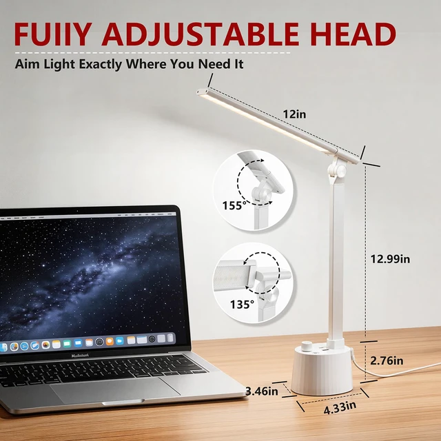 Alt view image 6 of 7 - Small Desk Lamp with USB C Charging Port 5 Colors Stepless Dim White Reading Light Space-Saving Rotating Head Desk Lamp for Home Office College Dorm Room Bedside Table Bedroom