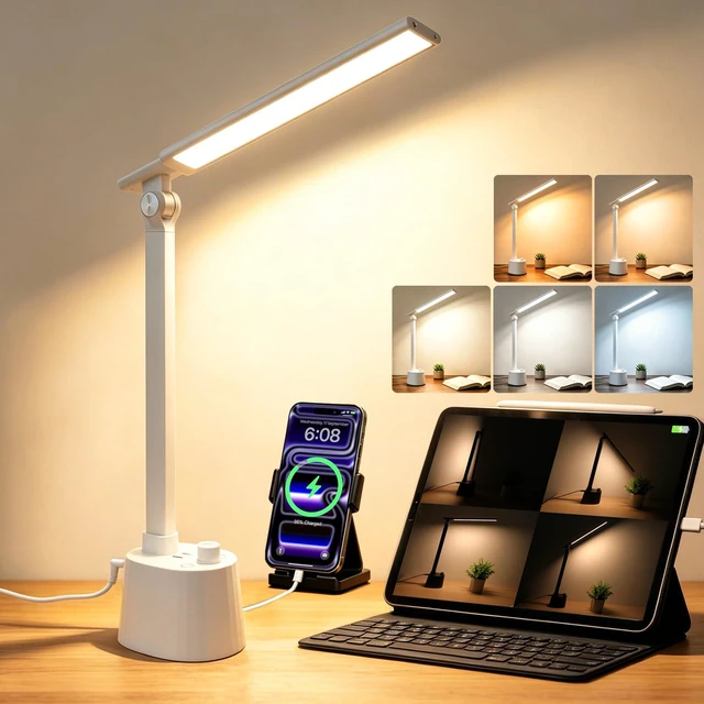 Main image of Small Desk Lamp with USB C Charging Port 5 Colors Stepless Dim White Reading Light Space-Saving Rotating Head Desk Lamp for Home Office College Dorm Room Bedside Table Bedroom