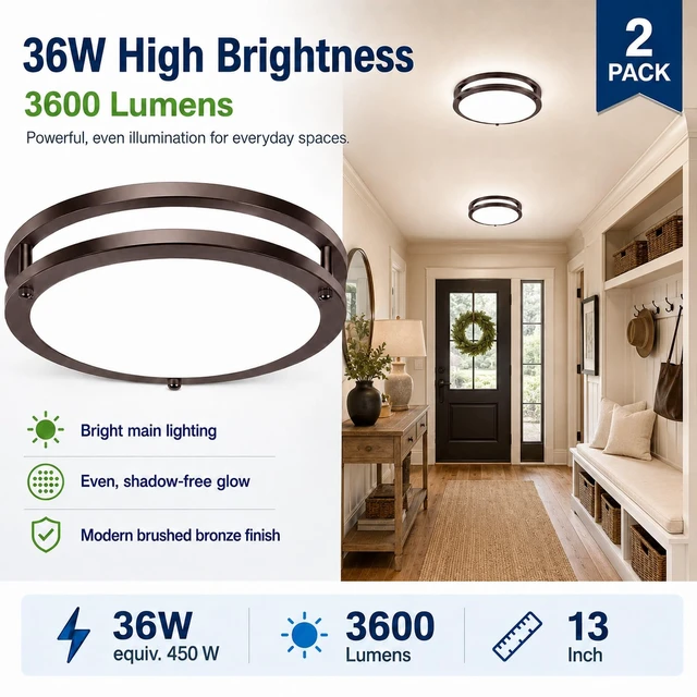 Alt view image 2 of 7 - 2-Pack Oil-Rubbed Bronze Flush Mount LED Ceiling Lights, 13Inch 36W Super Bright 3600lm Dimmable Ceiling Light Fixtures, 5CCT Selectable 2700K-6500K, Energy-Efficient Modern Ceiling Lamp, Easy Install