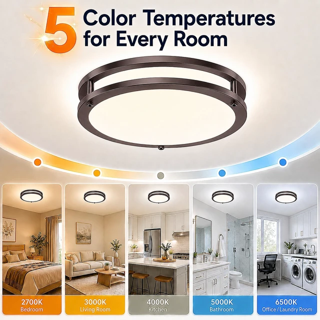 Alt view image 3 of 7 - 2-Pack Oil-Rubbed Bronze Flush Mount LED Ceiling Lights, 13Inch 36W Super Bright 3600lm Dimmable Ceiling Light Fixtures, 5CCT Selectable 2700K-6500K, Energy-Efficient Modern Ceiling Lamp, Easy Install