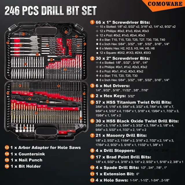 Alt view image 2 of 7 - 246 Pcs Drill Bit Set with Case for Wood, Metal, Masonry, Cement and Screwdriver Bits