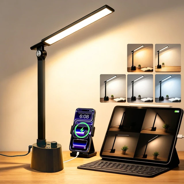 Alt view image 2 of 7 - BOHON Small Desk Lamp with USB C Charging Port 5 Colors Stepless Dim Black | Reading Light Space-Saving Rotating Head Desk Lamp for Home Office College Dorm Room Bedside Table Bedroom