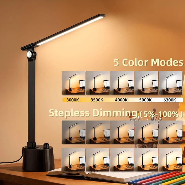 Alt view image 3 of 7 - BOHON Small Desk Lamp with USB C Charging Port 5 Colors Stepless Dim Black | Reading Light Space-Saving Rotating Head Desk Lamp for Home Office College Dorm Room Bedside Table Bedroom