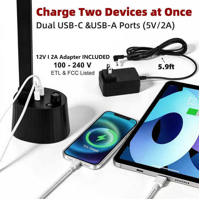 Alt view image 4 of 7 - BOHON Small Desk Lamp with USB C Charging Port 5 Colors Stepless Dim Black | Reading Light Space-Saving Rotating Head Desk Lamp for Home Office College Dorm Room Bedside Table Bedroom