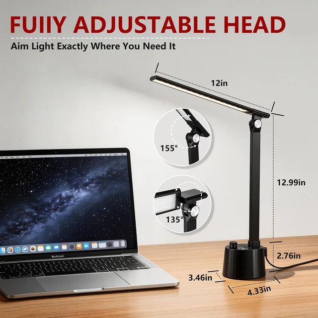 Alt view image 7 of 7 - BOHON Small Desk Lamp with USB C Charging Port 5 Colors Stepless Dim Black | Reading Light Space-Saving Rotating Head Desk Lamp for Home Office College Dorm Room Bedside Table Bedroom