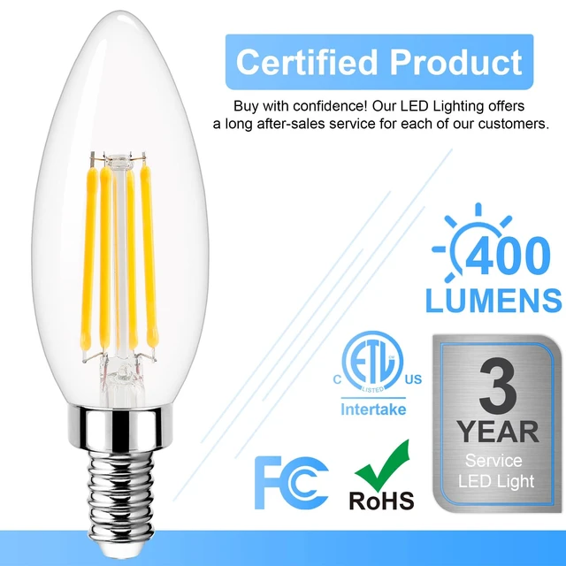 Alt view image 4 of 6 - Dimmable E12 LED Bulb 40 Watt Equivalent, 4000K Natural Daylight Candelabra LED Light Bulbs 4W, 400LM, CRI 85+, Type B LED Bulb, Clear Filament Candle Light Bulbs for Chandelier Ceiling Fan 12 Pack