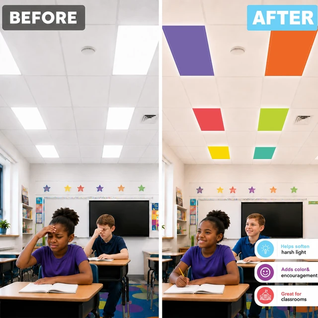 Alt view image 5 of 7 - 12pcs Classroom Fluorescent Magnetic Light Covers,2x4ft Rainbow Brights Soften Harsh Glare Anti-Flicker Light Filters for Home School Office Hospital Ceiling Lights Windows Decorations