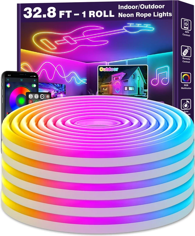 Main image of 32.8Ft Neon Rope Lights,Flexible Led Rope Lights Control with App/Remote,Multiple Modes Rope Lights,IP65 Outdoor RGB Led Neon Lights Waterproof,Music Sync Gaming Led Light Strip (32.8FT)