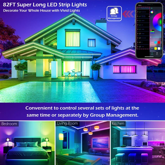 Alt view image 3 of 7 - Led Strip Lights, 82ft/25m Long Smart Led Light Strips Music Sync 5050 RGB Color Changing Rope Lights,Bluetooth APP/IR Remote/Control Led Lights for Bedroom,Home Decoration,Party,Festival