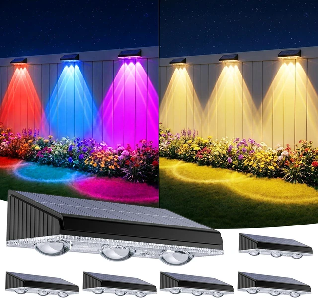 Main image of Solar Fence Lights Outdoor 6 Pack, Upgraded Brightness 3X LED Lens Fence Lights Solar Powered, 9 Fixed Colors & RGB Lights, IP65 Waterproof Solar Lights for Outside Backyard/Railing/Step/Patio