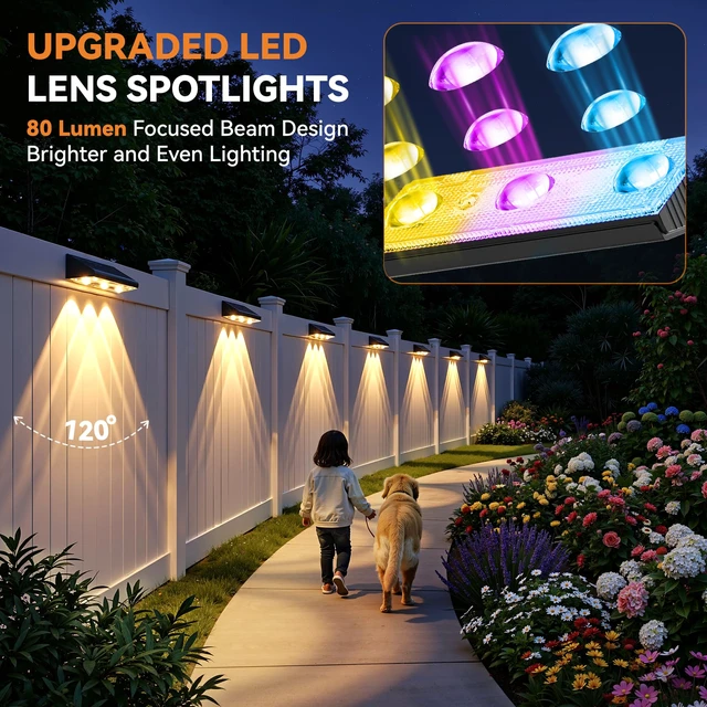 Alt view image 2 of 7 - Solar Fence Lights Outdoor 6 Pack, Upgraded Brightness 3X LED Lens Fence Lights Solar Powered, 9 Fixed Colors & RGB Lights, IP65 Waterproof Solar Lights for Outside Backyard/Railing/Step/Patio