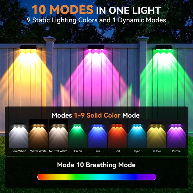 Alt view image 3 of 7 - Solar Fence Lights Outdoor 6 Pack, Upgraded Brightness 3X LED Lens Fence Lights Solar Powered, 9 Fixed Colors & RGB Lights, IP65 Waterproof Solar Lights for Outside Backyard/Railing/Step/Patio
