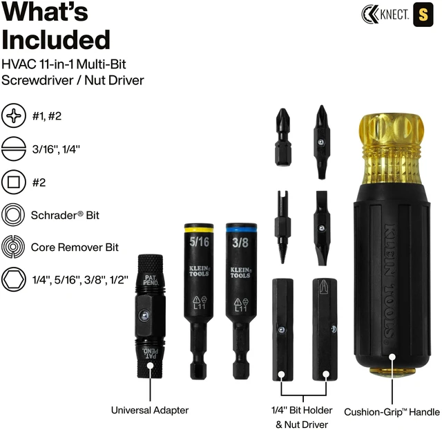 Alt view image 2 of 7 - 32527HD KNECT 11-in-1 HVAC Multi-Bit Screwdriver / Nut Driver, Impact Rated with Phillips, Slotted, Square, and Schrader Bits