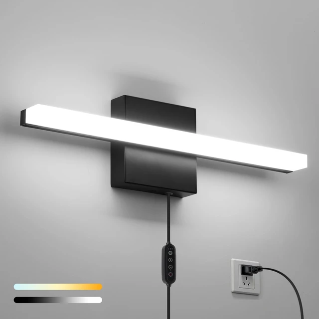 Main image of Black Plug in Vanity Light Bar Corded for Bathroom Lighting Fixture No Wiring, 16Inch 5 Colors Adjustable Dimmable Modern Bright Daylight Mirror Lamp for Wall Dressing Room Makeup (with Plug)