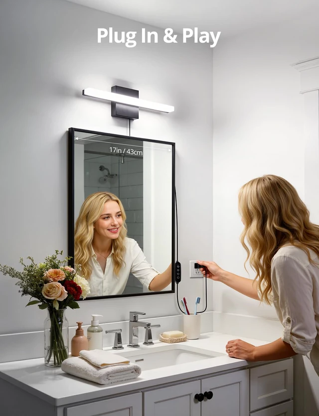 Alt view image 2 of 7 - Black Plug in Vanity Light Bar Corded for Bathroom Lighting Fixture No Wiring, 16Inch 5 Colors Adjustable Dimmable Modern Bright Daylight Mirror Lamp for Wall Dressing Room Makeup (with Plug)