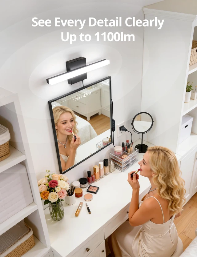 Alt view image 3 of 7 - Black Plug in Vanity Light Bar Corded for Bathroom Lighting Fixture No Wiring, 16Inch 5 Colors Adjustable Dimmable Modern Bright Daylight Mirror Lamp for Wall Dressing Room Makeup (with Plug)