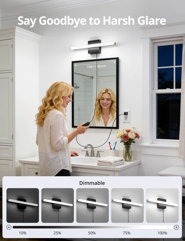 Alt view image 5 of 7 - Black Plug in Vanity Light Bar Corded for Bathroom Lighting Fixture No Wiring, 16Inch 5 Colors Adjustable Dimmable Modern Bright Daylight Mirror Lamp for Wall Dressing Room Makeup (with Plug)