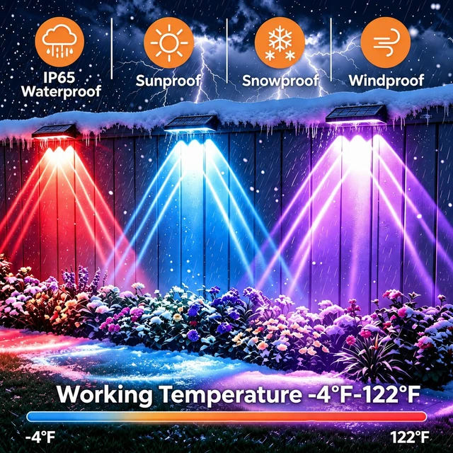Alt view image 6 of 7 - Solar Fence Lights Outdoor 6 Pack, Upgraded Brightness 3X LED Lens Fence Lights Solar Powered, 9 Fixed Colors & RGB Lights, IP65 Waterproof Solar Lights for Outside Backyard/Railing/Step/Patio
