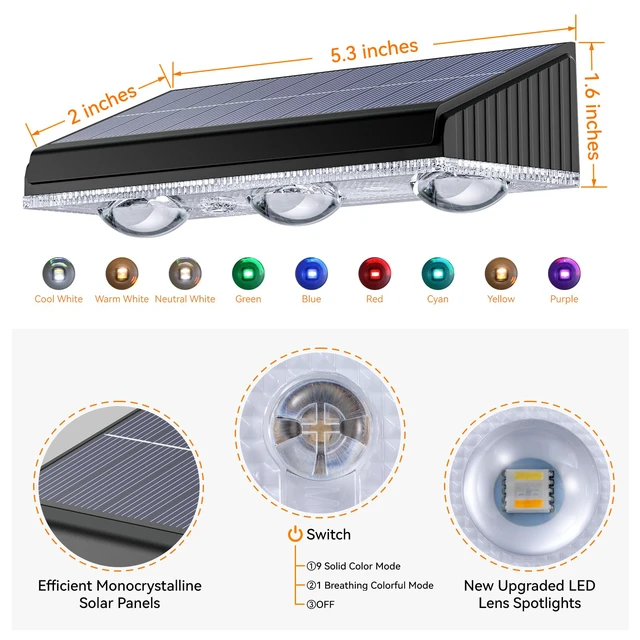 Alt view image 7 of 7 - Solar Fence Lights Outdoor 6 Pack, Upgraded Brightness 3X LED Lens Fence Lights Solar Powered, 9 Fixed Colors & RGB Lights, IP65 Waterproof Solar Lights for Outside Backyard/Railing/Step/Patio