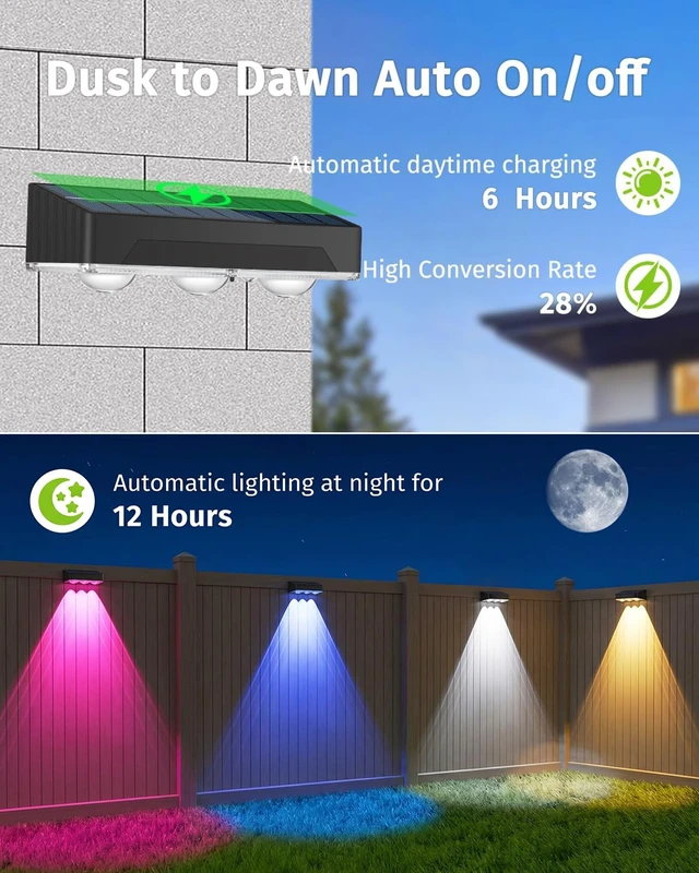 Alt view image 3 of 7 - Solar Fence Lights Outdoor 8 Pack Waterproof Upgraded Brightness 3 LED Lens Solor Deck Lights Warm Cool Natural White RGB 10 Color Outside Solar Powered Wall Light for Backyard Garden Patio Step Rail