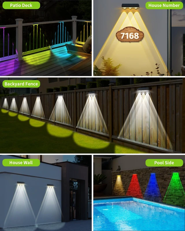 Alt view image 7 of 7 - Solar Fence Lights Outdoor 8 Pack Waterproof Upgraded Brightness 3 LED Lens Solor Deck Lights Warm Cool Natural White RGB 10 Color Outside Solar Powered Wall Light for Backyard Garden Patio Step Rail