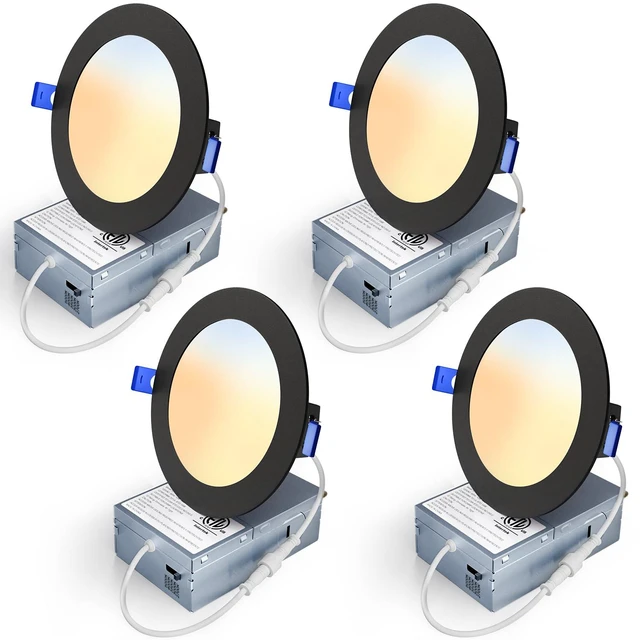 Main image of 4 Inch Black LED Recessed Light, 5CCT, 750LM, 9W, 4 Pack 5%-100% Dimming, 2700K-5000K Selectable, 120V, Slim Canless Wafer Ceiling Downlight, Damp Rated, IC&ETL&FCC Certified