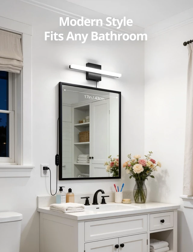 Alt view image 7 of 7 - Black Plug in Vanity Light Bar Corded for Bathroom Lighting Fixture No Wiring, 16Inch 5 Colors Adjustable Dimmable Modern Bright Daylight Mirror Lamp for Wall Dressing Room Makeup (with Plug)