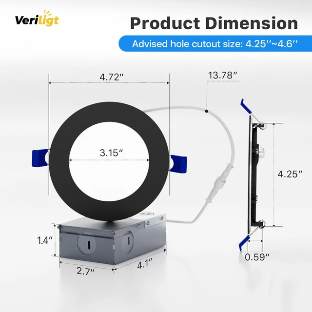 Alt view image 5 of 7 - 4 Inch Black LED Recessed Light, 5CCT, 750LM, 9W, 4 Pack 5%-100% Dimming, 2700K-5000K Selectable, 120V, Slim Canless Wafer Ceiling Downlight, Damp Rated, IC&ETL&FCC Certified