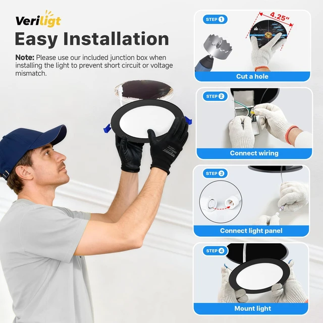 Alt view image 6 of 7 - 4 Inch Black LED Recessed Light, 5CCT, 750LM, 9W, 4 Pack 5%-100% Dimming, 2700K-5000K Selectable, 120V, Slim Canless Wafer Ceiling Downlight, Damp Rated, IC&ETL&FCC Certified