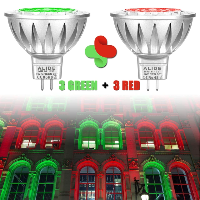 Alt view image 2 of 6 - Red Green MR16 Led Bulbs 12v Low Voltage for Landscape Christmas GU5.3 Replace 20W 35W 50W Halogen, 5W Red Green MR16 for Holiday Decoration Outdoor Landscape Lighting,38 Deg,6 Pack Mix