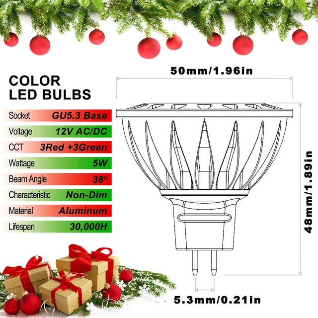 Alt view image 3 of 6 - Red Green MR16 Led Bulbs 12v Low Voltage for Landscape Christmas GU5.3 Replace 20W 35W 50W Halogen, 5W Red Green MR16 for Holiday Decoration Outdoor Landscape Lighting,38 Deg,6 Pack Mix