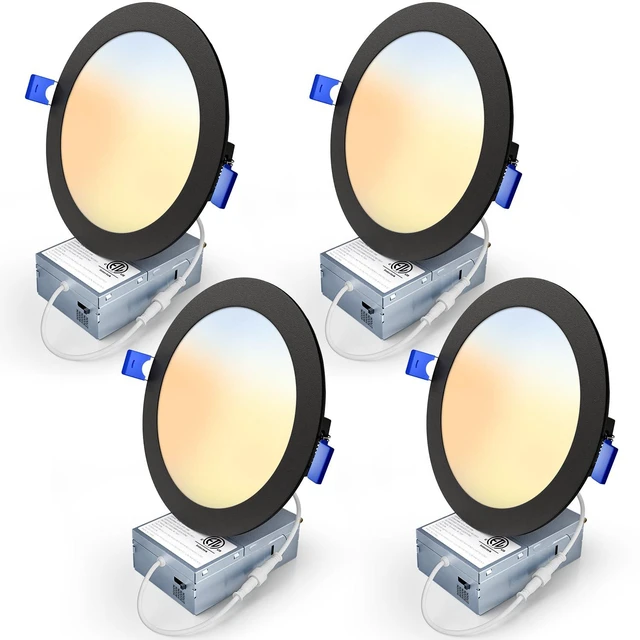 Main image of 6 Inch Black LED Recessed Light, 5CCT, 1200LM, 12W, 4 Pack 5%-100% Dimming, 2700K-5000K Selectable, 120V, Slim Canless Wafer Ceiling Downlight, Damp Rated, IC&ETL&FCC Certified