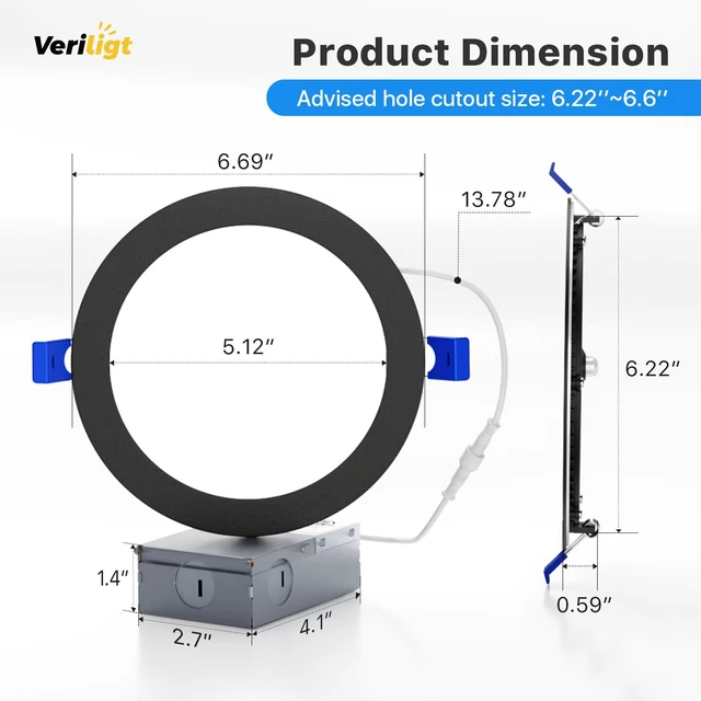 Alt view image 6 of 7 - 6 Inch Black LED Recessed Light, 5CCT, 1200LM, 12W, 4 Pack 5%-100% Dimming, 2700K-5000K Selectable, 120V, Slim Canless Wafer Ceiling Downlight, Damp Rated, IC&ETL&FCC Certified