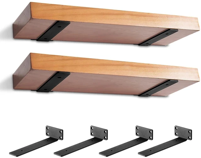 Main image of 4 Pack Heavy Duty Metal Shelf Brackets 8 inch Long,Black L-Shaped Wall Shelf Bracket Hidden & Decorative Shelf Bracket,1/5-Thick,150 lbs of weight capacity