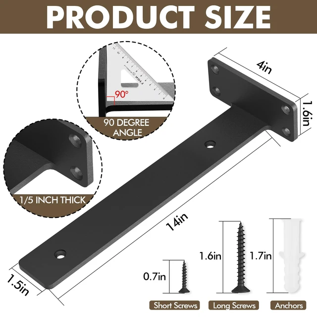 Alt view image 3 of 6 - 4 Pack Heavy Duty Metal Shelf Brackets 14 inch Long,Black L-Shaped Wall Shelf Bracket Hidden & Decorative Shelf Bracket,1/5-Thick,150 lbs of weight capacity
