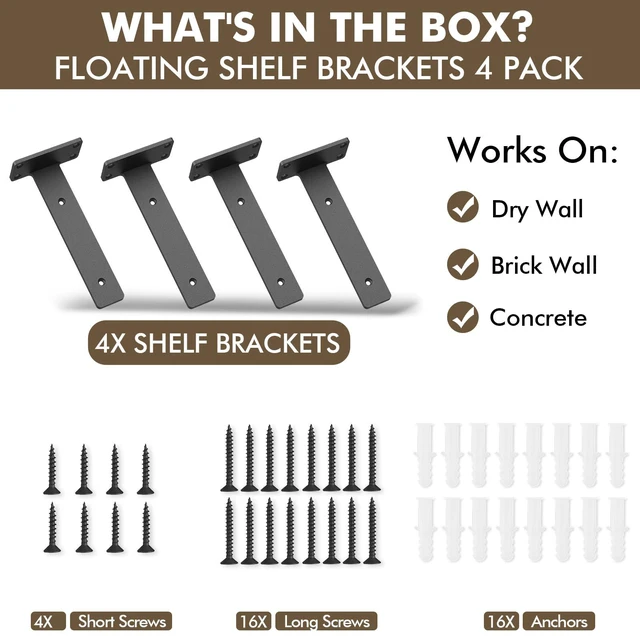 Alt view image 6 of 6 - 4 Pack Heavy Duty Metal Shelf Brackets 8 inch Long,Black L-Shaped Wall Shelf Bracket Hidden & Decorative Shelf Bracket,1/5-Thick,150 lbs of weight capacity