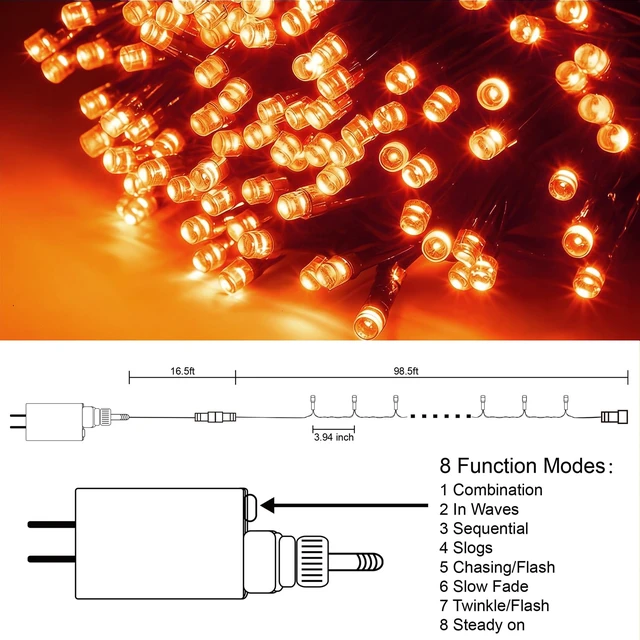 Alt view image 4 of 7 - 300 LED Halloween Lights, 98.5FT Halloween String Lights with 8 Lighting Modes, Waterproof & Connectable Mini Light, Plug in for Indoor Outdoor Holiday Christmas Party Bedroom Decorations (Orange)