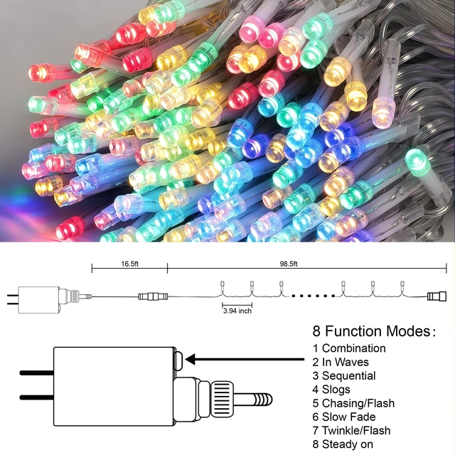 Alt view image 4 of 7 - 300 LED String Lights Outdoor Indoor, Extra Long 98.5FT Christmas Lights, 8 Lighting Modes, Plug in Waterproof Fairy Lights for Wedding Party Bedroom Decorations (Multicolor)