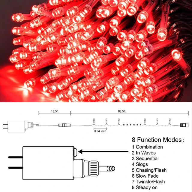 Alt view image 5 of 7 - 300 LED Valentines Lights, Extra Long 98.5FT Christmas String Lights Outdoor Indoor, 8 Lighting Modes, Plug in Waterproof Fairy Lights for Wedding Party Bedroom Decorations (Red)