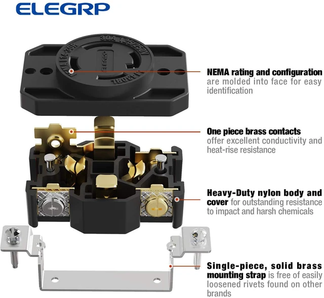 Alt view image 7 of 7 - NEMA L14-30P & NEMA L14-30R Locking Plug and Receptacle, Generator Twist Lock Plug & Socket/Outlet, 30 Amp 125/250V 3 Pole 4 Wire Grounding, Industrial Grade Heavy Duty, UL Listed (1 Set)