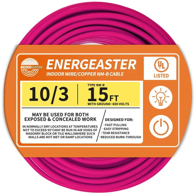 Main image of Solid Indoor 10/3 NM-B Copper Cable with Ground 15FT, Pink 15FT NMB Cable 10 Gauge Wire 3 Conductors 600V Bare Copper Non-Metallic Sheathed Solid Indoor Residential Wire, UL Listed