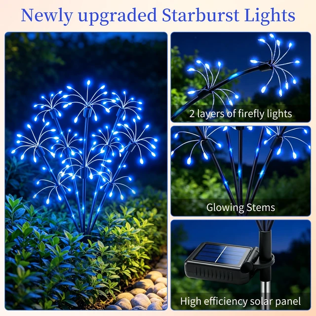 Alt view image 3 of 7 - Solar Garden Lights Outdoor, 4 Pack 2-Layer Blue Fairy Firework Lights Waterproof Starburst Flower Light, Garden Decor for Yard Patio Pathway Lawn, Unique Gifts for Women Mom Grandma Christmas
