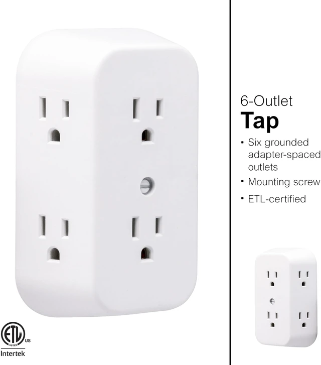 Alt view image 3 of 7 - Outlet Extender, 6 Outlet Multi Plug Wall Power Splitter | 3 Prong Multiple Plug Wall Adapter (Wide Spaced Outlets), Electrical Expander, Screw Mountable, White, 50759