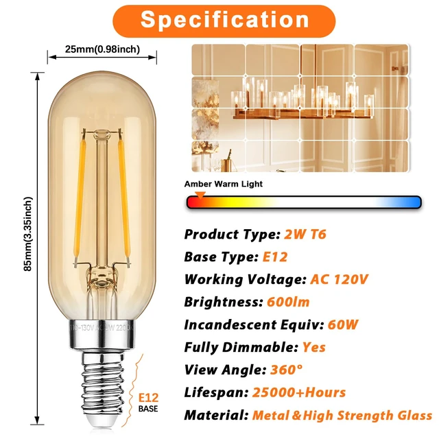 Alt view image 3 of 7 - E12 Edison LED Light Bulbs 15 Watt Equivalent Candelabra, Dimmable 2200K Amber Warm White T6 Amber LED Bulbs 2W 150lm Vintage T25 for Chandelier Ceiling Fan, Tubular Small Filament Bulbs, 6 Packs