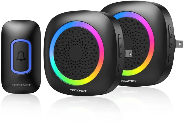 Main image of Wireless Doorbell, Plug in Door Bells Wireless Cordless with 2 Receivers, IP66 Waterproof Wireless Door Chime Kit with RGB Light, 400M Wireless Range, 60 Chimes, 5 Volume Level (Black)