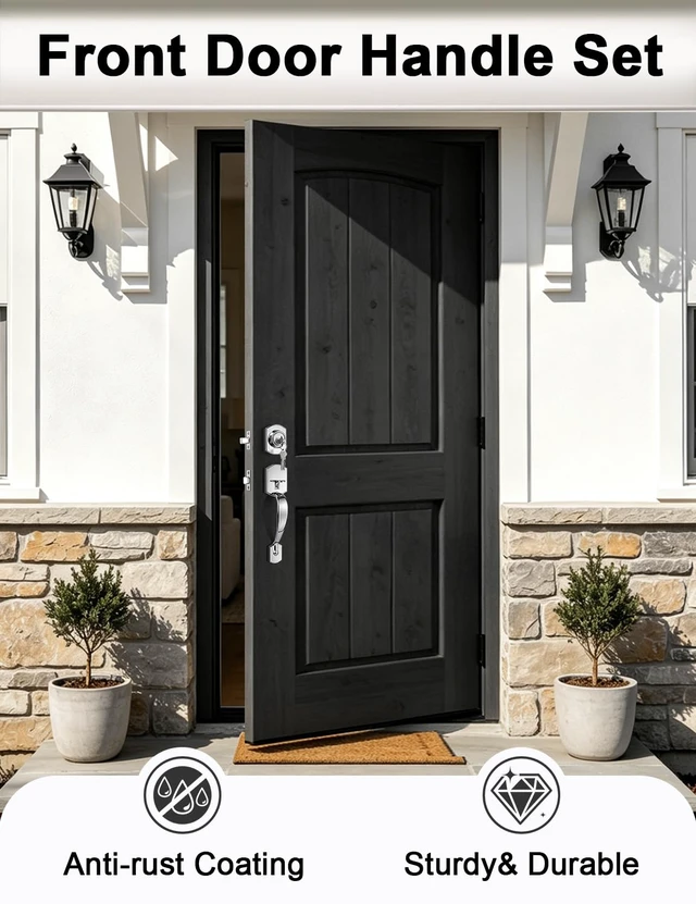 Alt view image 3 of 7 - Camelot Front Door Handle and Deadbolt Set, Bright Chrome Front Door Lock Set, Upgated Entry Door Handle with Accent Wave Door Lever with Reversible Handle Lever, 1 Pack