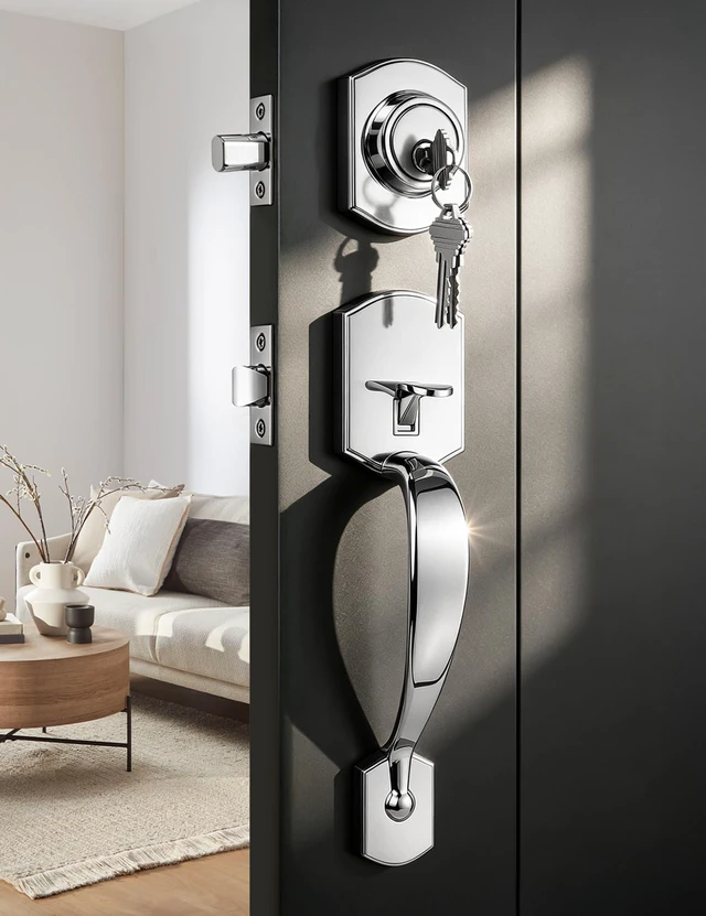 Alt view image 2 of 7 - Camelot Front Door Handle and Deadbolt Set, Bright Chrome Front Door Lock Set, Upgated Entry Door Handle with Accent Wave Door Lever with Reversible Handle Lever, 1 Pack