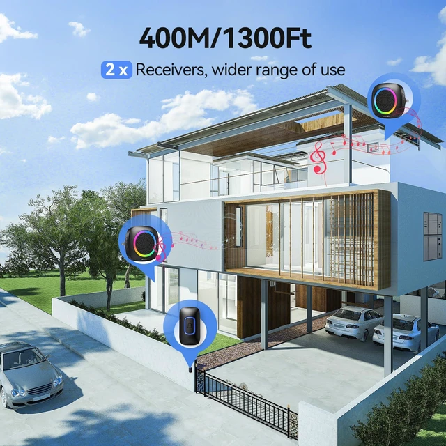Alt view image 4 of 7 - Wireless Doorbell, Plug in Door Bells Wireless Cordless with 2 Receivers, IP66 Waterproof Wireless Door Chime Kit with RGB Light, 400M Wireless Range, 60 Chimes, 5 Volume Level (Black)